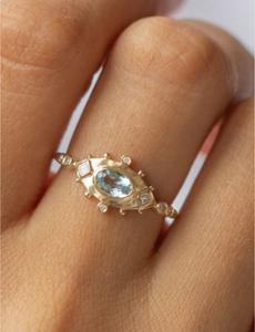 Celine Daoust 14k Gold Aquamarine & Diamond Eyes Ring